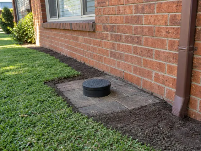Capped sewer inspection opening on pavers beside a brick house and lawn in Kings Park